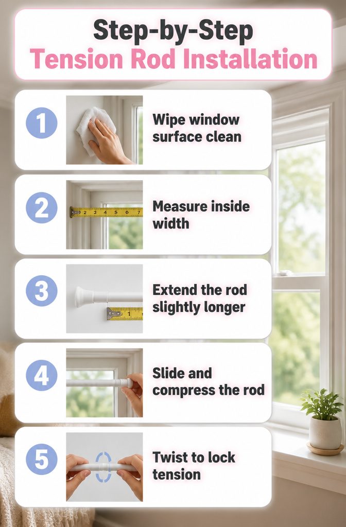 10 Tension Rod Window Treatment Ideas for Easy, Drill-Free Style 11 A checklist for proper tension rod installation on a window frame.