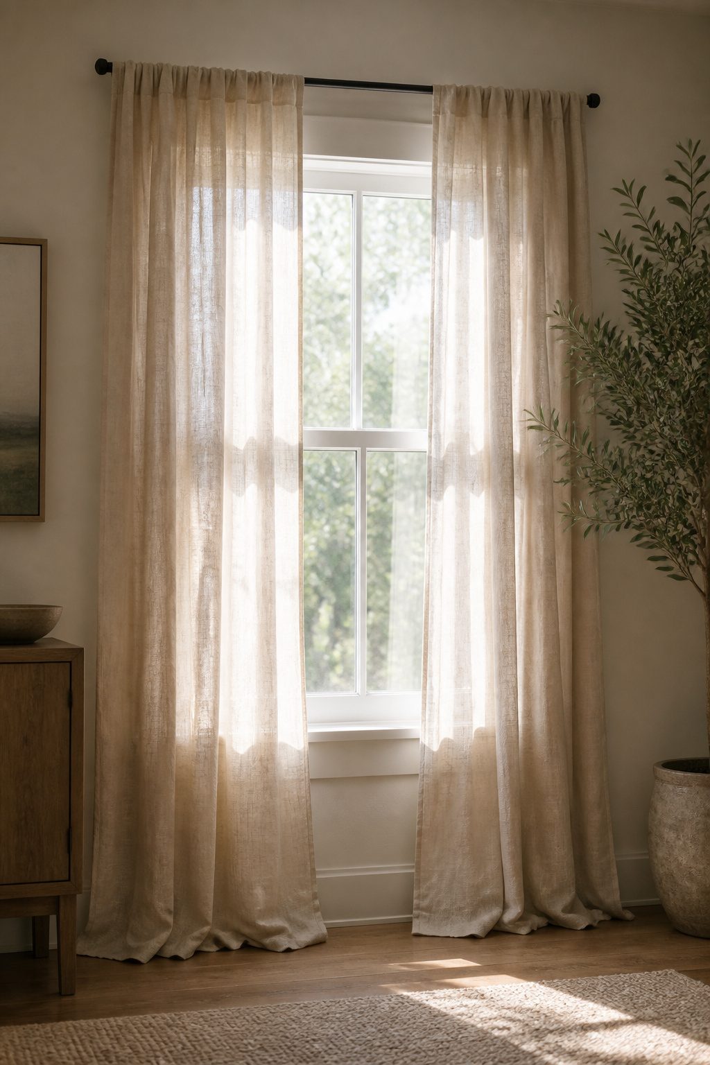 10 Tension Rod Window Treatment Ideas for Easy, Drill-Free Style 2 Two linen curtain panels cascading from a tension rod in a bright room.