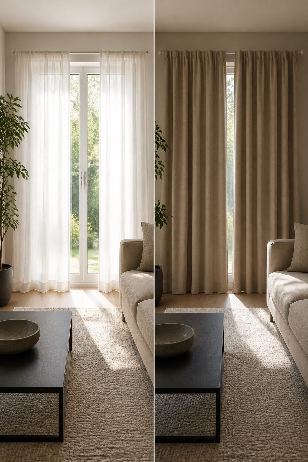 10 Tension Rod Window Treatment Ideas for Easy, Drill-Free Style 8 Blackout curtains with a linen texture hanging from a tension rod.