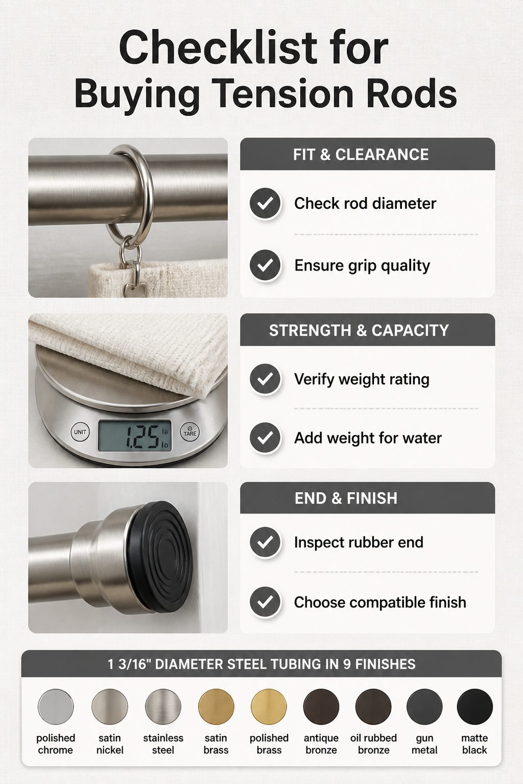 10 Tension Rod Window Treatment Ideas for Easy, Drill-Free Style 14 Checklist for evaluating features of tension rods in a store.