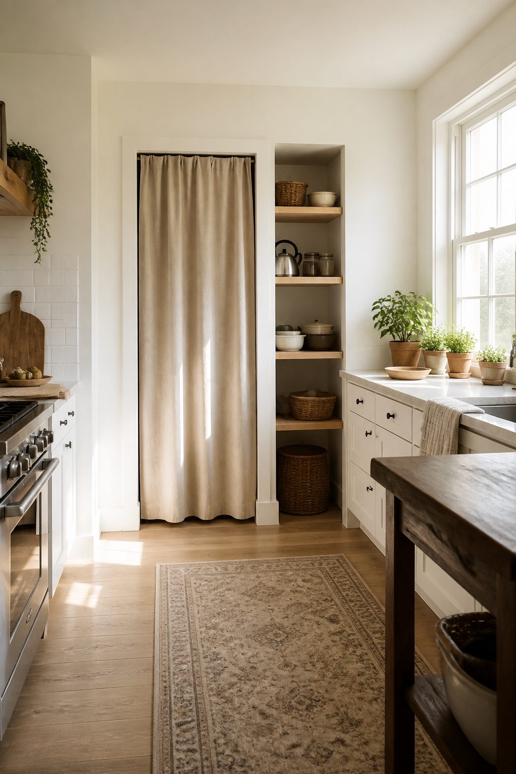 10 Tension Rod Window Treatment Ideas for Easy, Drill-Free Style 13 A tension rod used to cover a water heater closet in a kitchen.