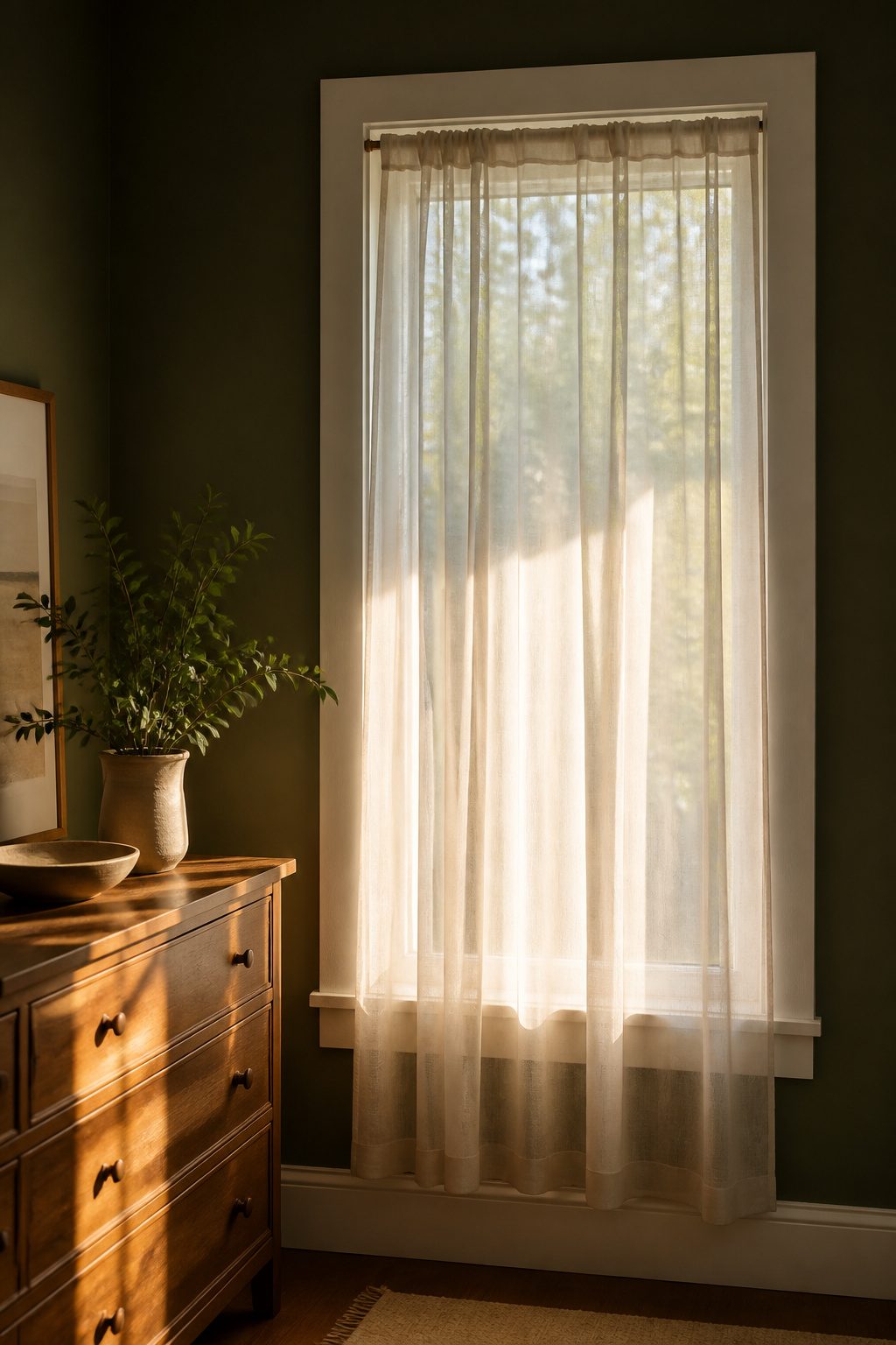 10 Tension Rod Window Treatment Ideas for Easy, Drill-Free Style 4 Sheer curtains hanging from a tension rod in a narrow window frame.