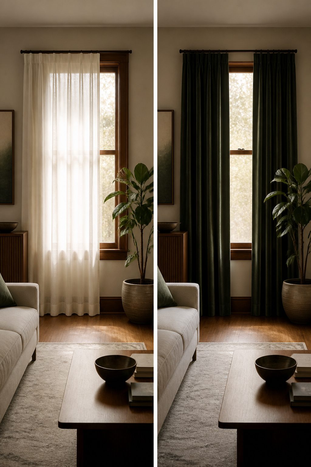 7 Designer Ideas for Two Different Curtains in One Room (2026) 1 Two window curtains in neutral tones displaying a cohesive color scheme.
