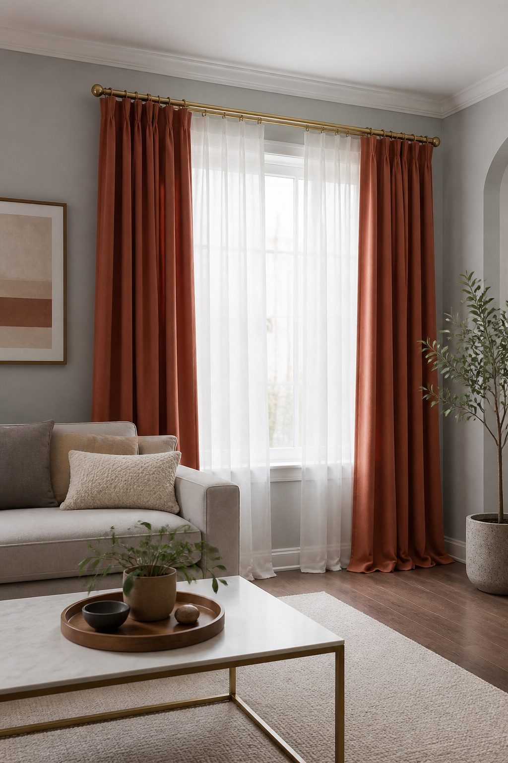 7 Designer Ideas for Two Different Curtains in One Room (2026) 6 Modern curtain hardware supporting sheer and heavy drapes in a living room.