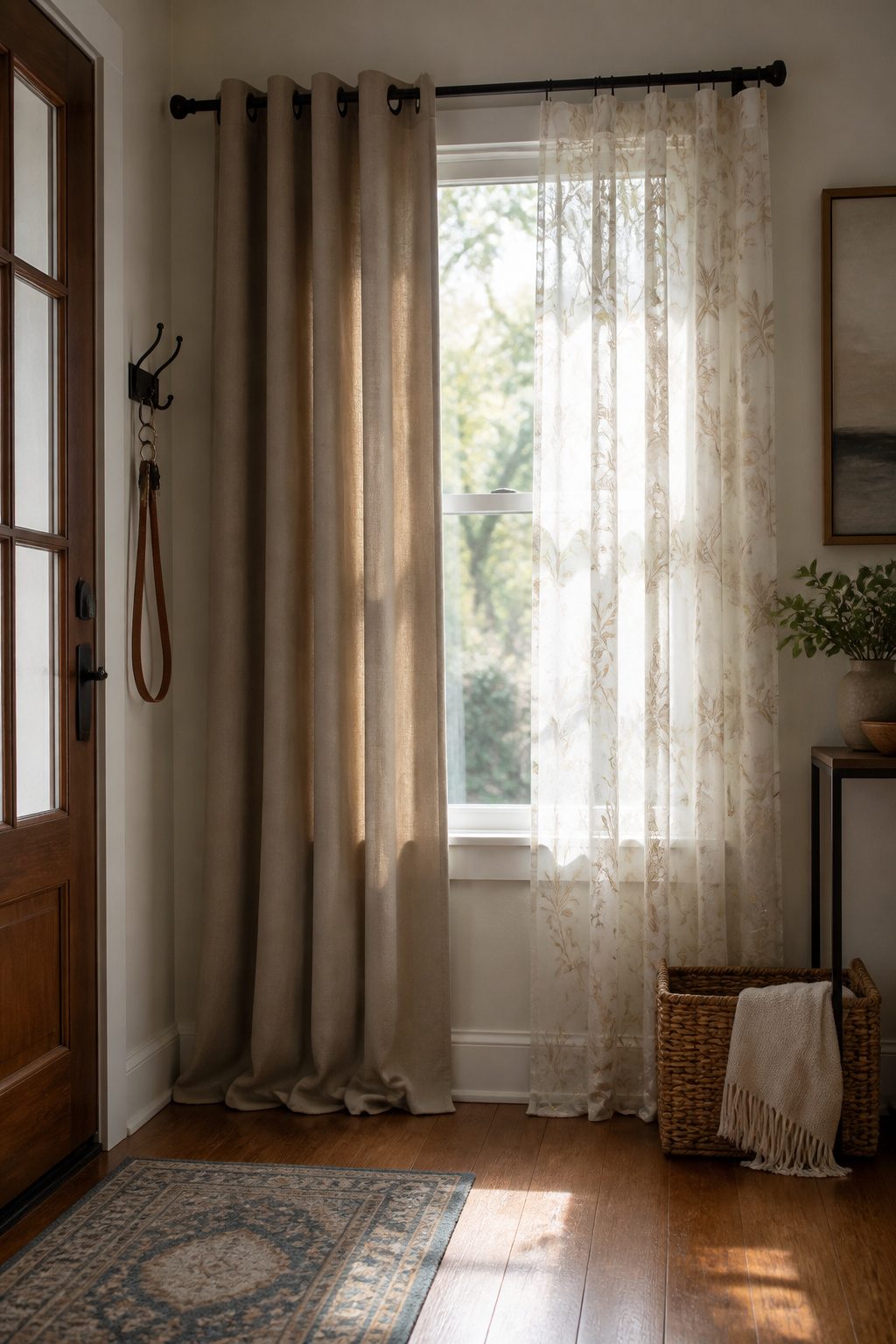 7 Designer Ideas for Two Different Curtains in One Room (2026) 7 Two curtains in an entryway: a durable synthetic and a patterned linen.