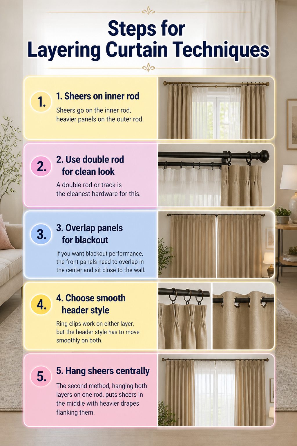 7 Designer Ideas for Two Different Curtains in One Room (2026) 8 An infographic outlining steps for layering curtain techniques.