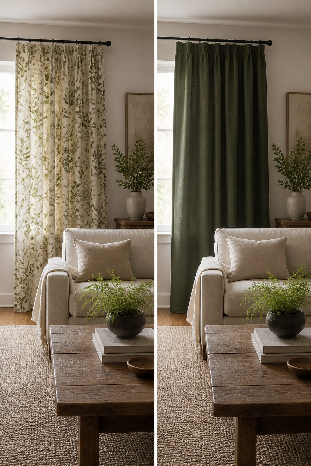 7 Designer Ideas for Two Different Curtains in One Room (2026) 3 Patterned curtains in a living room contrasting with solid furniture.