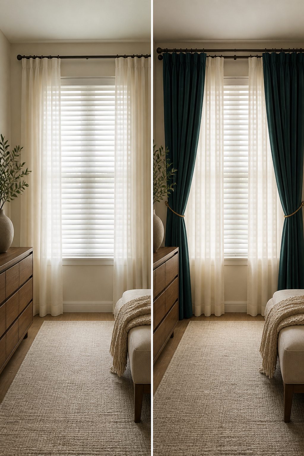 7 Designer Ideas for Two Different Curtains in One Room (2026) 10 Drapes layered over blinds in a stylish window treatment.
