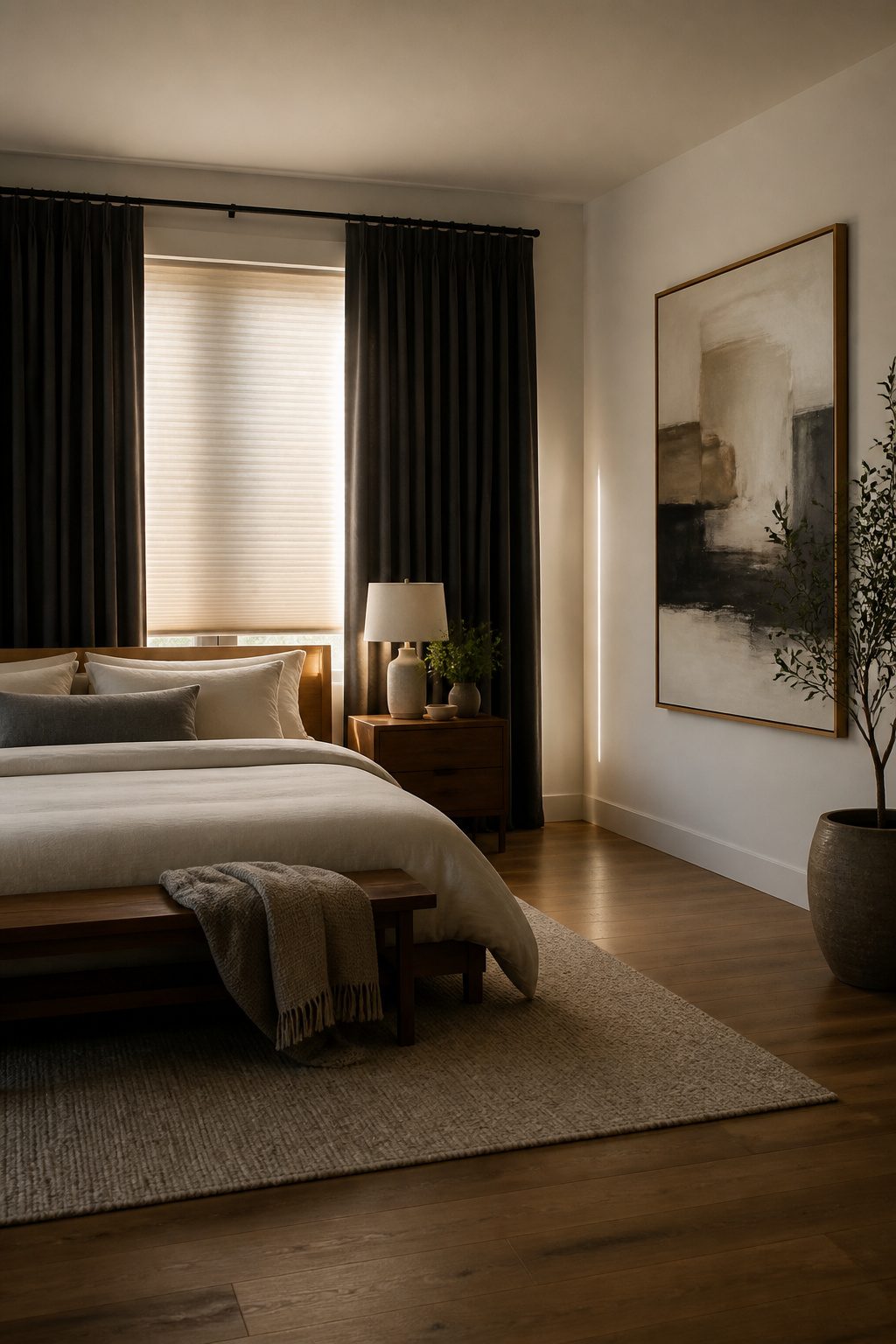 7 Designer Ideas for Two Different Curtains in One Room (2026) 4 A bedroom featuring blackout curtains layered over cellular shades.