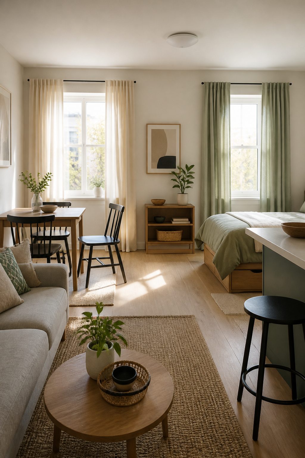 7 Designer Ideas for Two Different Curtains in One Room (2026) 11 Two different colored curtains in a small studio apartment.