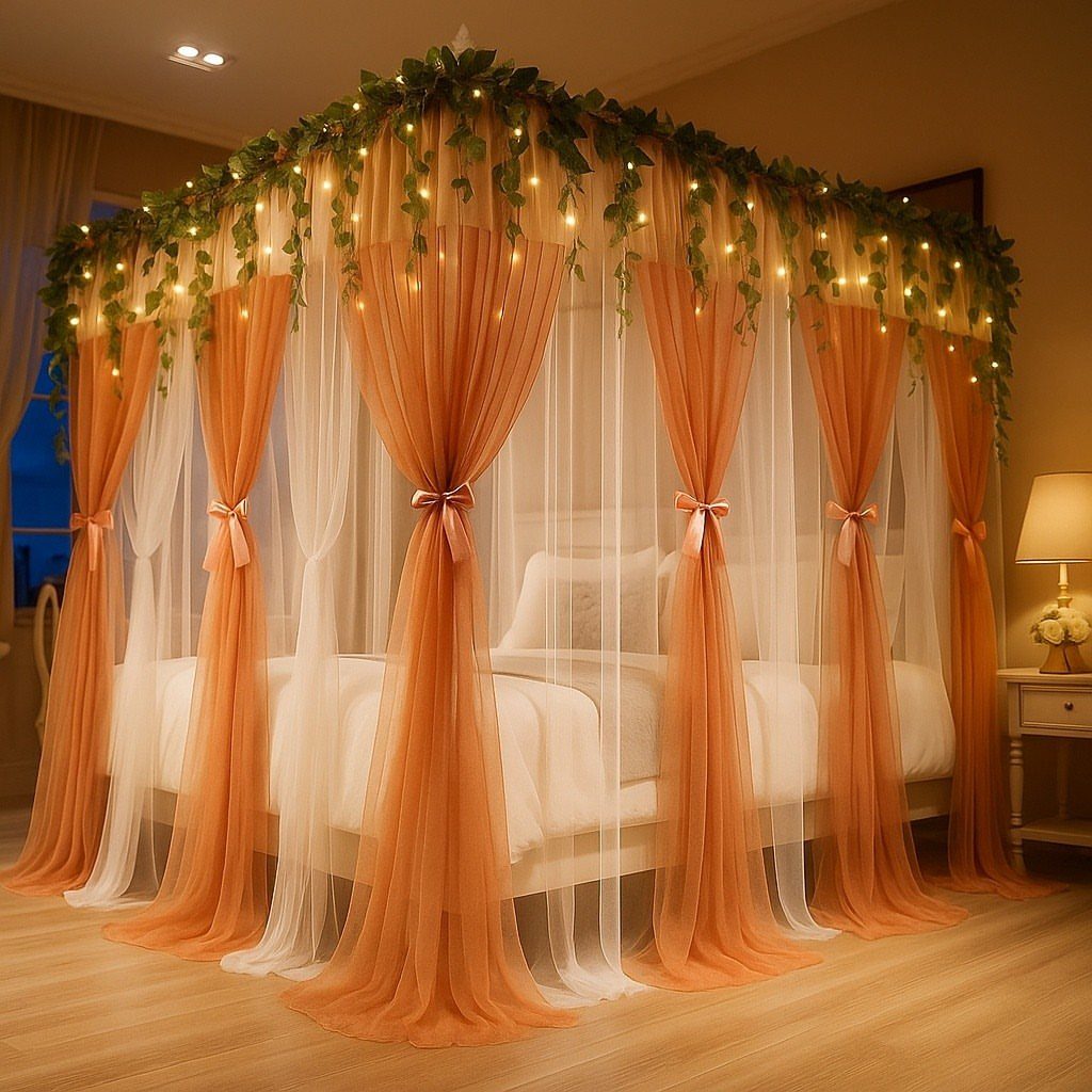 22 Unique Bedroom Curtains for Layered, Canopy and Lighted Styles 2 Orange and white sheer canopy curtains with leafy vines and fairy lights over a bed.