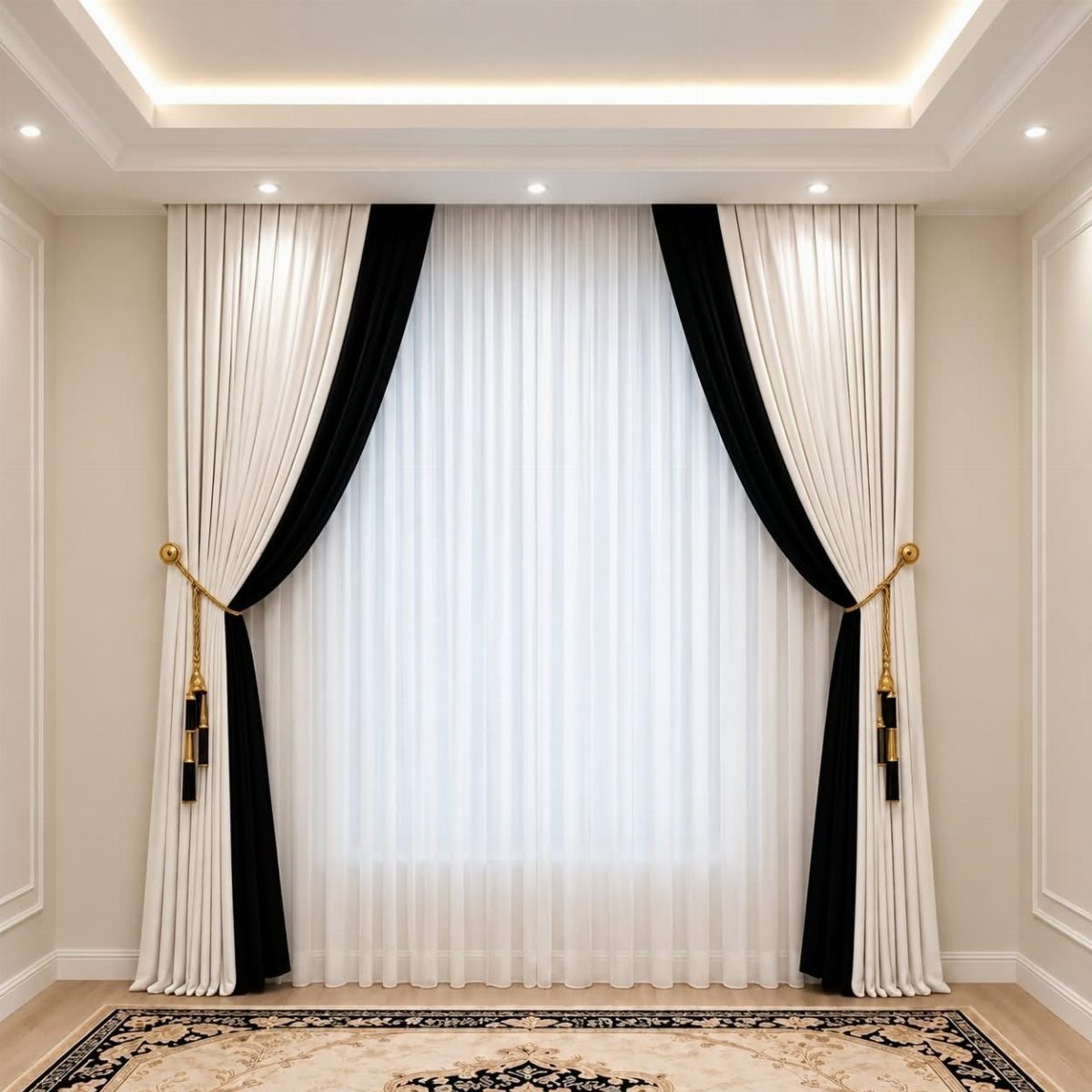 22 Unique Bedroom Curtains for Layered, Canopy and Lighted Styles 7 White sheer curtains paired with black drapes held by gold tiebacks in a bright room.
