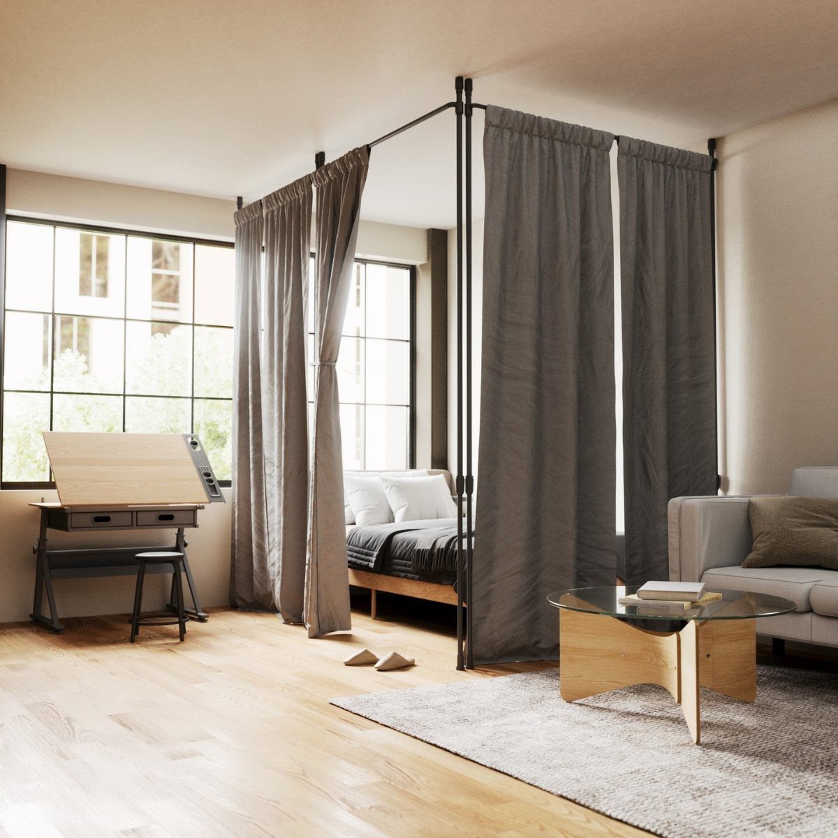 22 Unique Bedroom Curtains for Layered, Canopy and Lighted Styles 8 Grey fabric curtains hanging from a black four-poster bed frame to enclose the sleeping area.