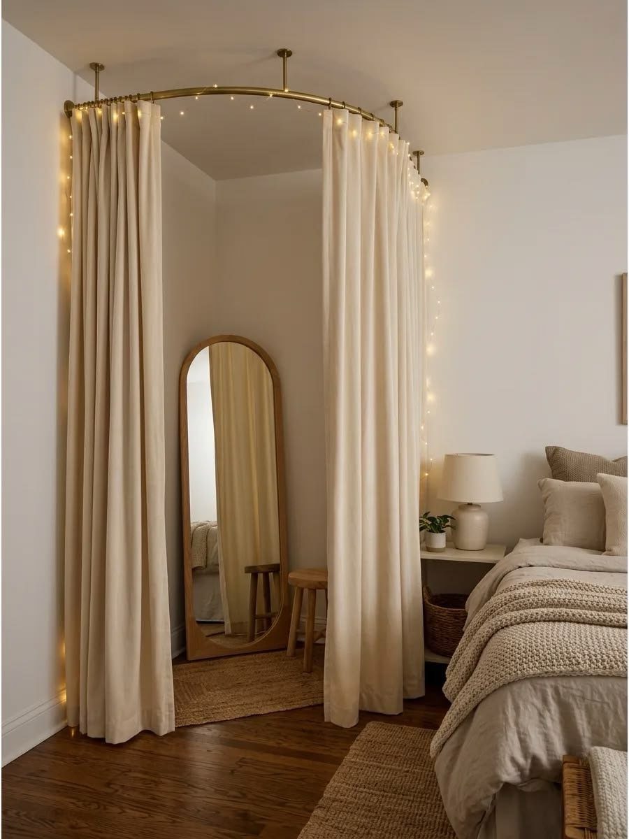 22 Unique Bedroom Curtains for Layered, Canopy and Lighted Styles 9 Cream curtains hanging from a curved gold rod with fairy lights used as a room divider.