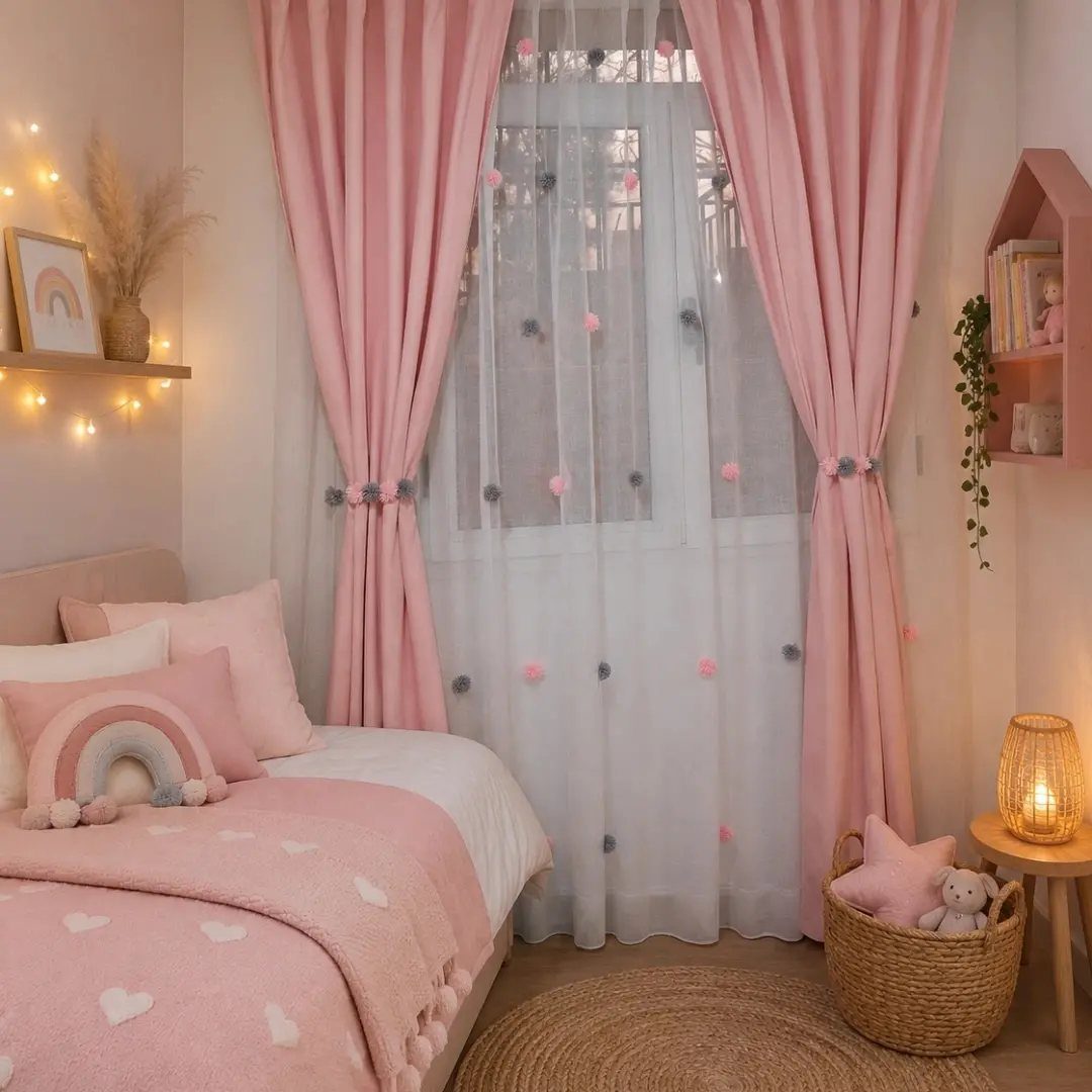 22 Unique Bedroom Curtains for Layered, Canopy and Lighted Styles 10 Pink and white curtains with small pom pom tassels hanging over a bedroom window.