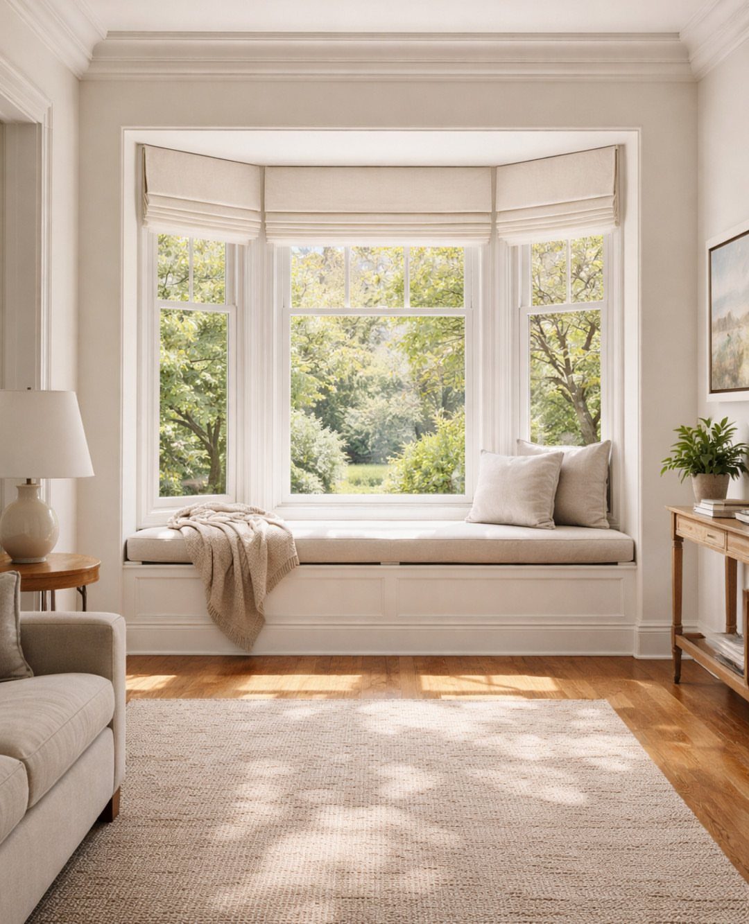 A large white bay window with a built-in cushioned seat overlooking a lush green garden.