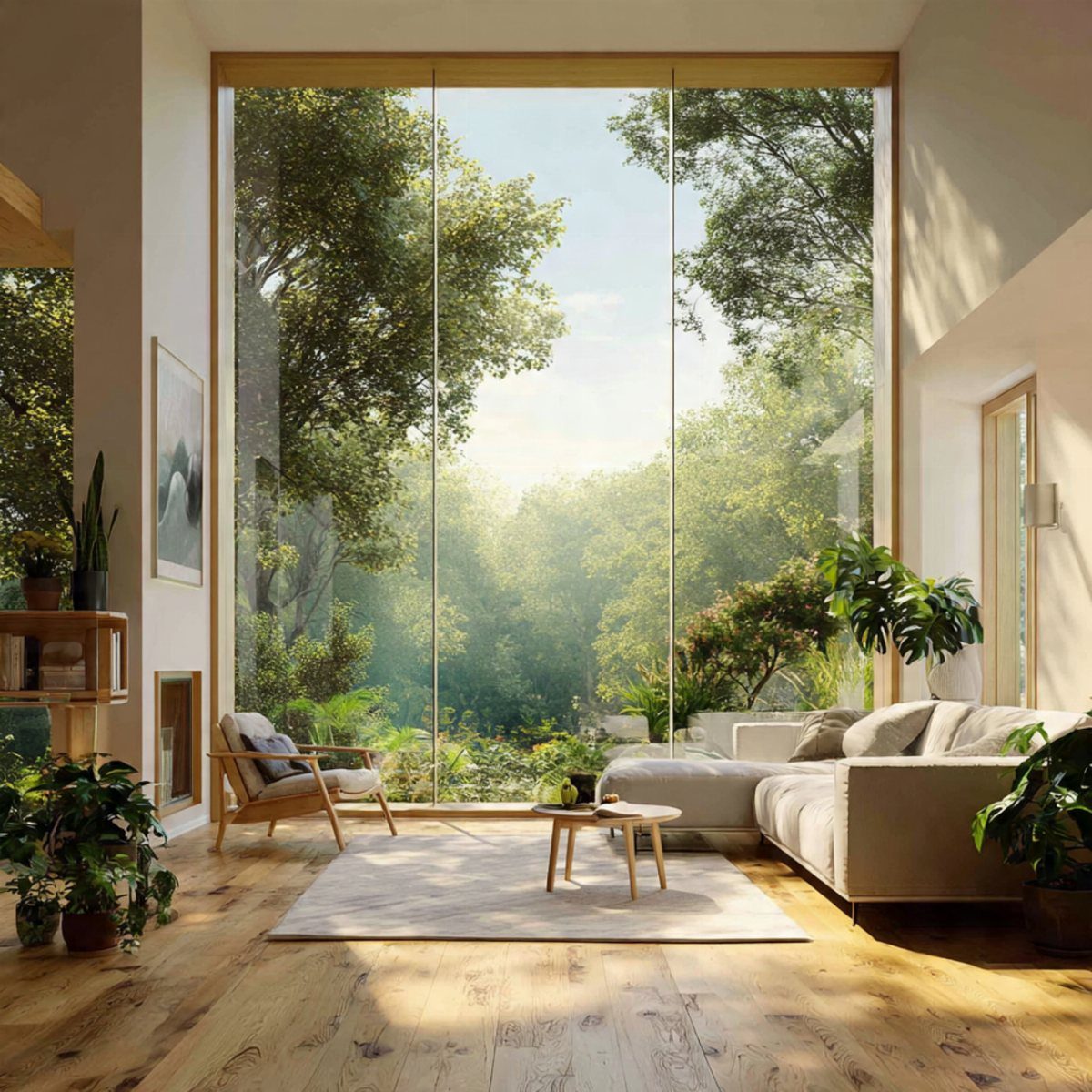 Large floor-to-ceiling picture windows framing a lush green forest view in a bright living room.