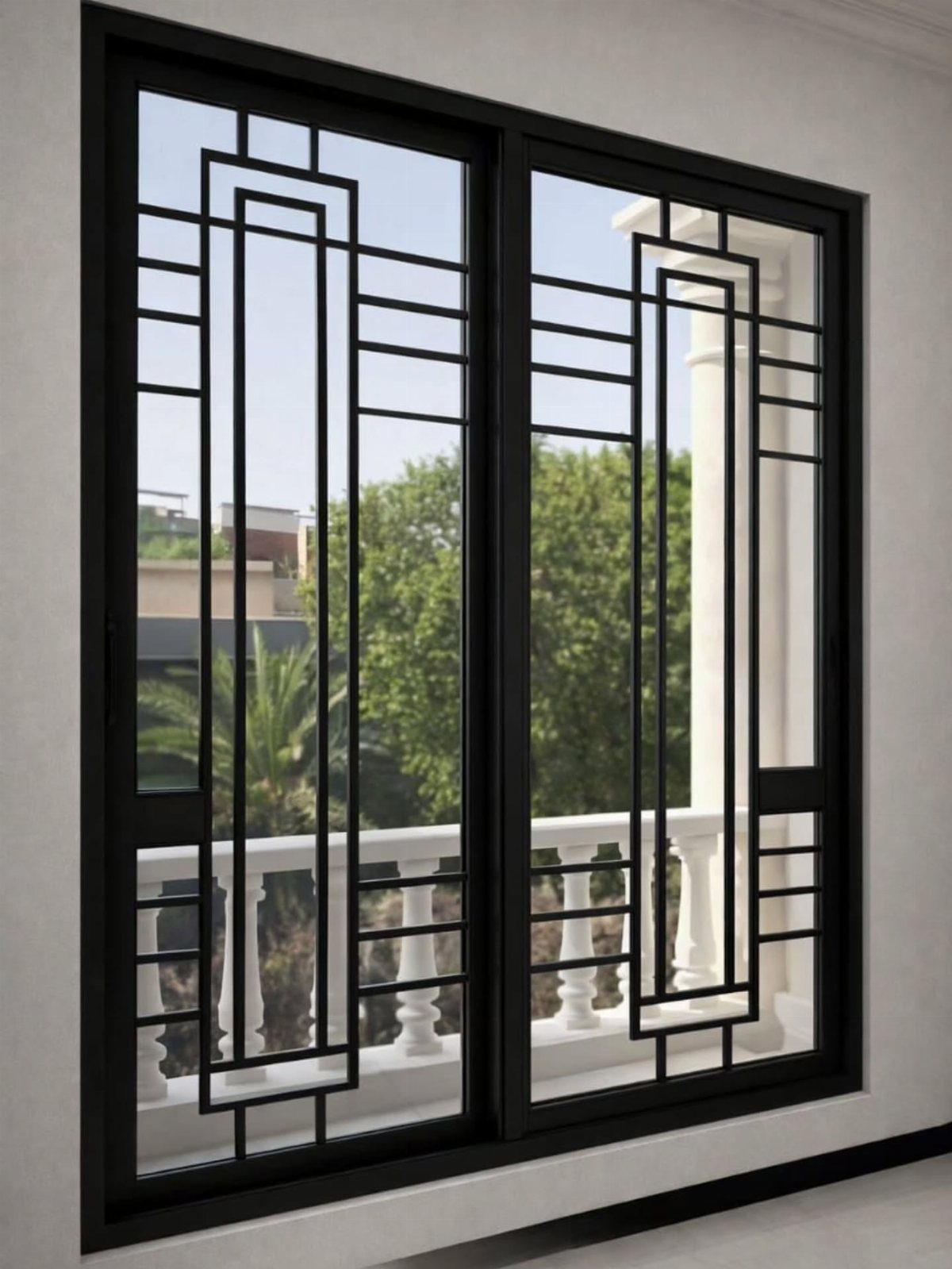 Black-framed sliding windows with a geometric pattern overlooking green trees and a white balcony.