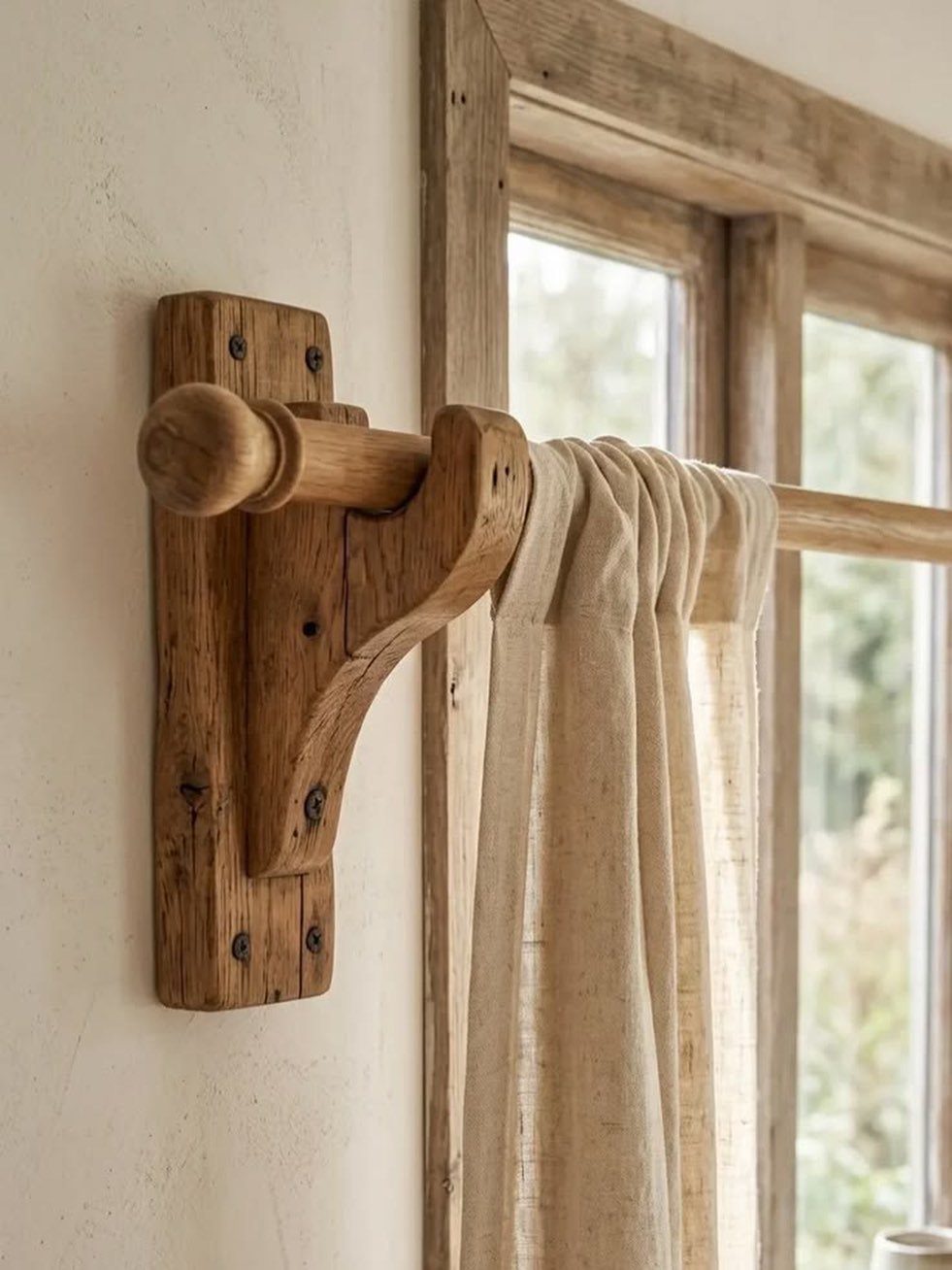 11 Ways to Style Curtains for Every Room in 2026 3 A rustic wooden curtain rod with a large carved bracket holding light linen curtains.