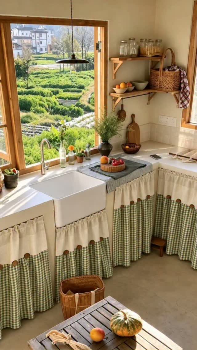 11 Ways to Style Curtains for Every Room in 2026 9 Green gingham cafe curtains hanging from the underside of kitchen countertops in a rustic setting.
