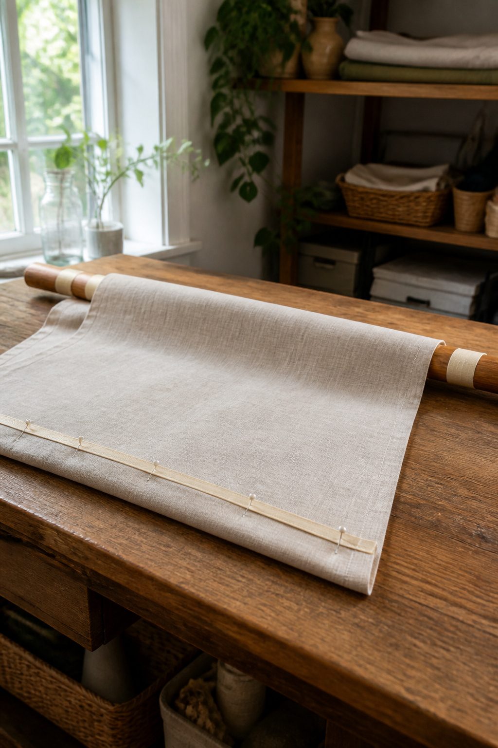 A fabric shade hanging from a wooden dowel in a rustic workshop.