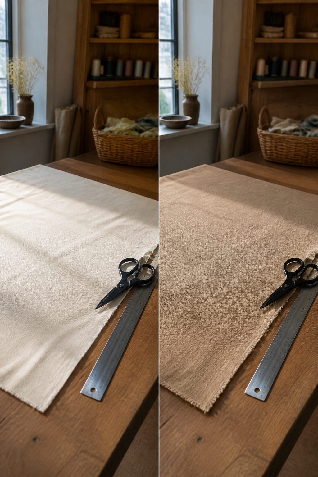 Medium-weight cotton fabric laid out for cutting in preparation for blinds.