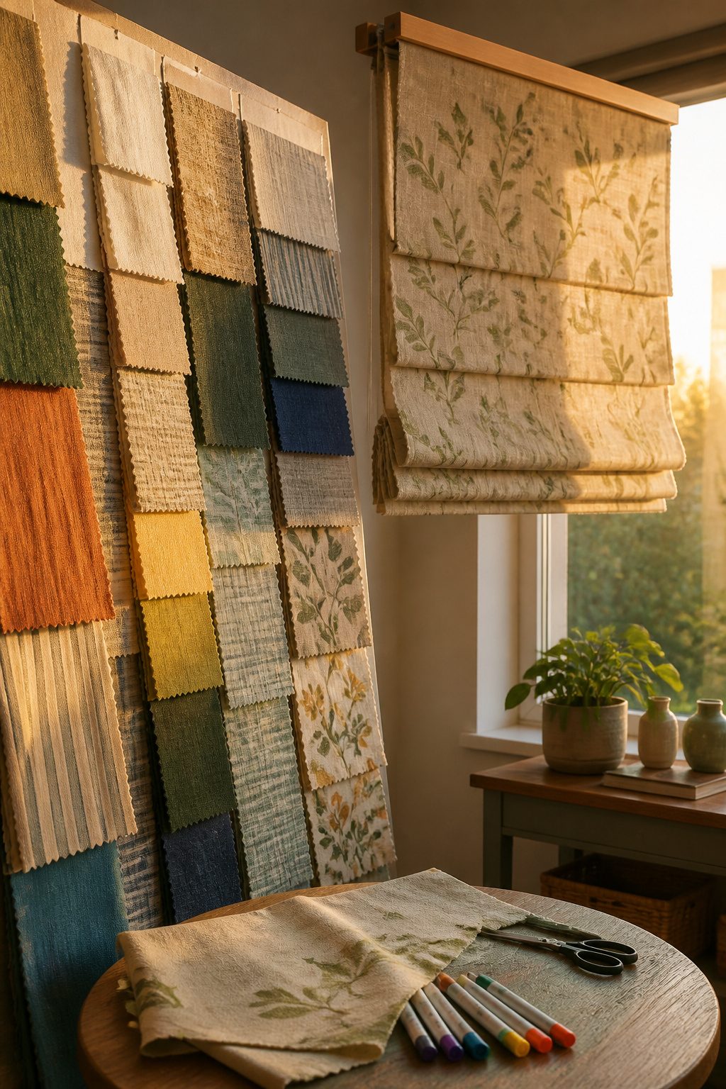 A selection of fabric swatches chosen for DIY window blinds.