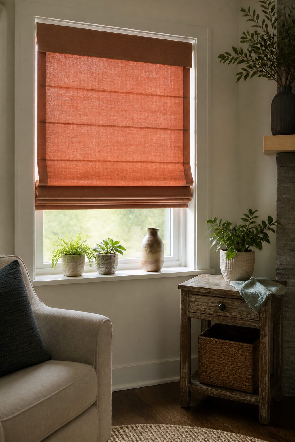 A fabric shade in a living room with a microfiber cloth nearby.