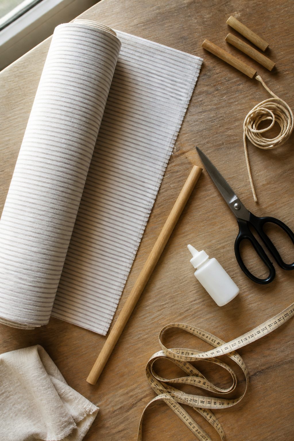 Various materials needed for creating DIY window blinds on a table.