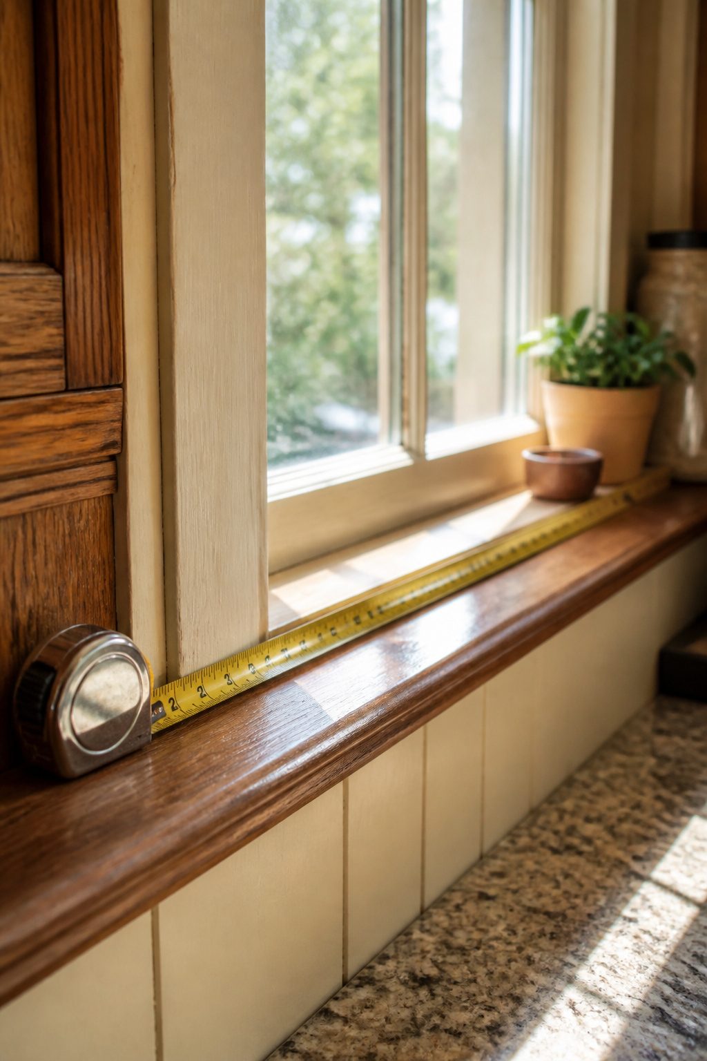 A metal tape measure against a window frame displaying measurements.