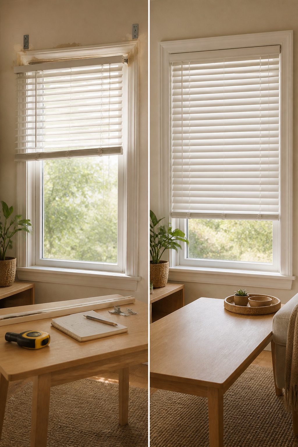 A person reflecting on mistakes made while measuring for window blinds.