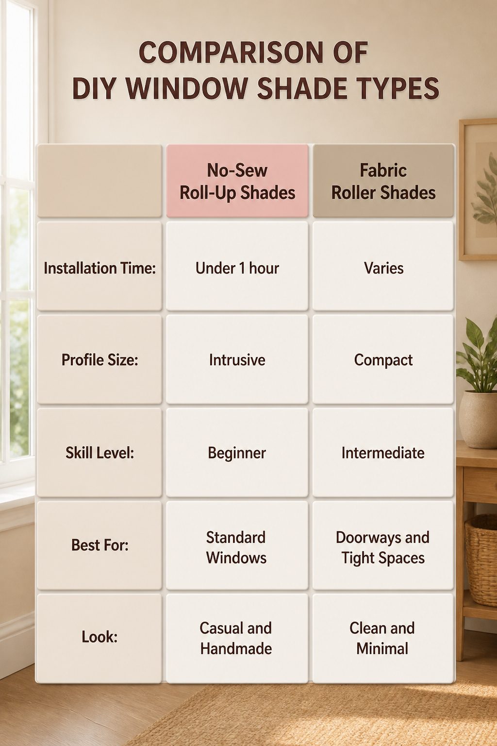 An informational graphic comparing various types of DIY window shades.