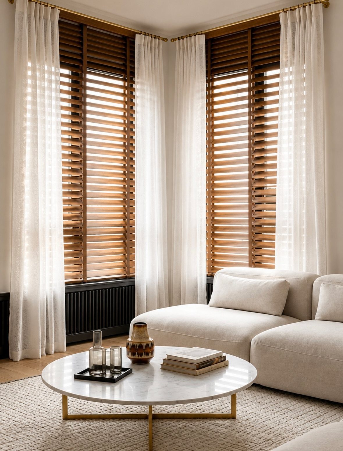 Window Blinds for Living Room: 11 Photo Ideas 10 Wooden horizontal blinds and sheer white curtains covering large windows in a modern living room.