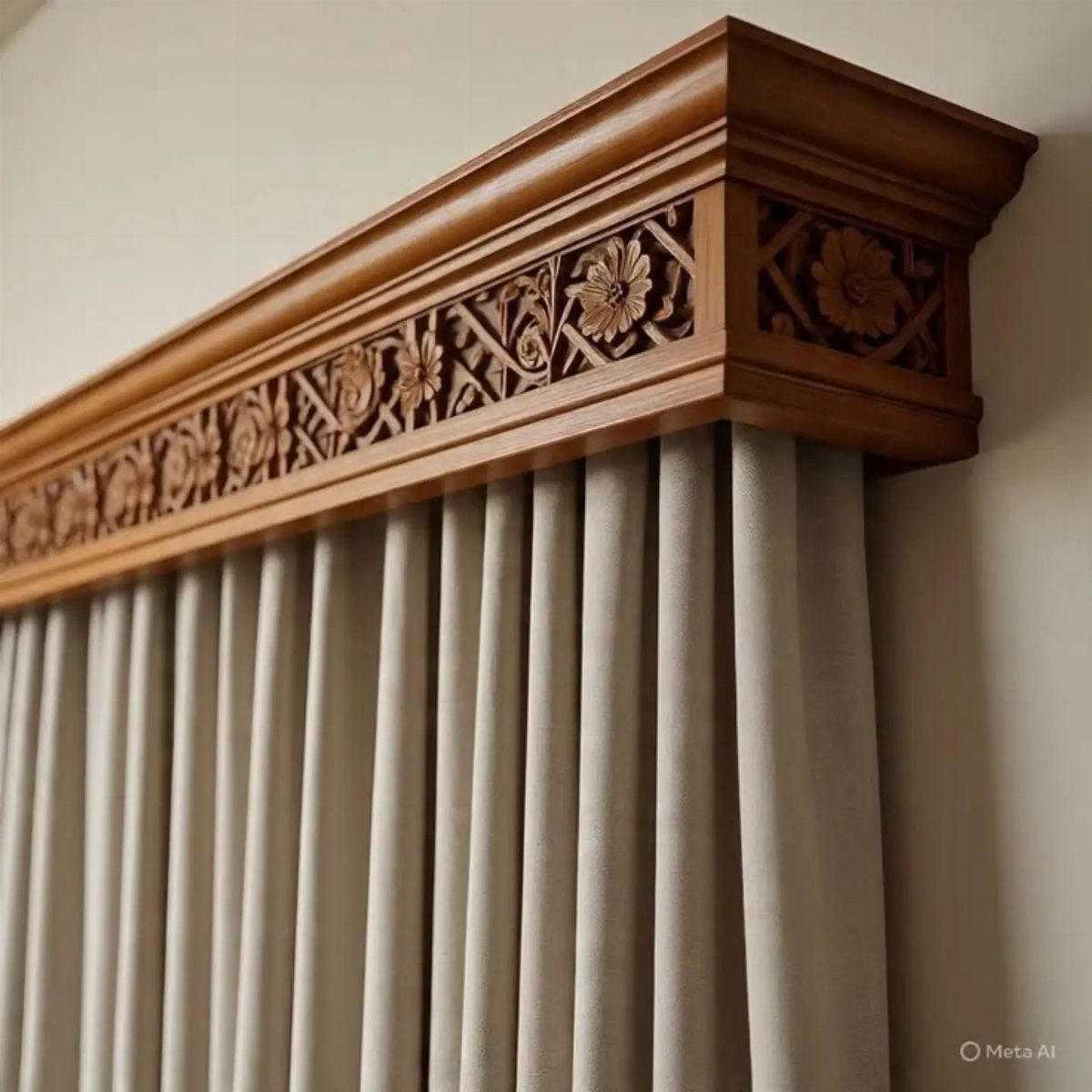 Window Cornice DIY: 5 Ways With Fabric, Wood, and Molding 2 Carved wooden valance box mounted above beige pleated window curtains on a light wall.