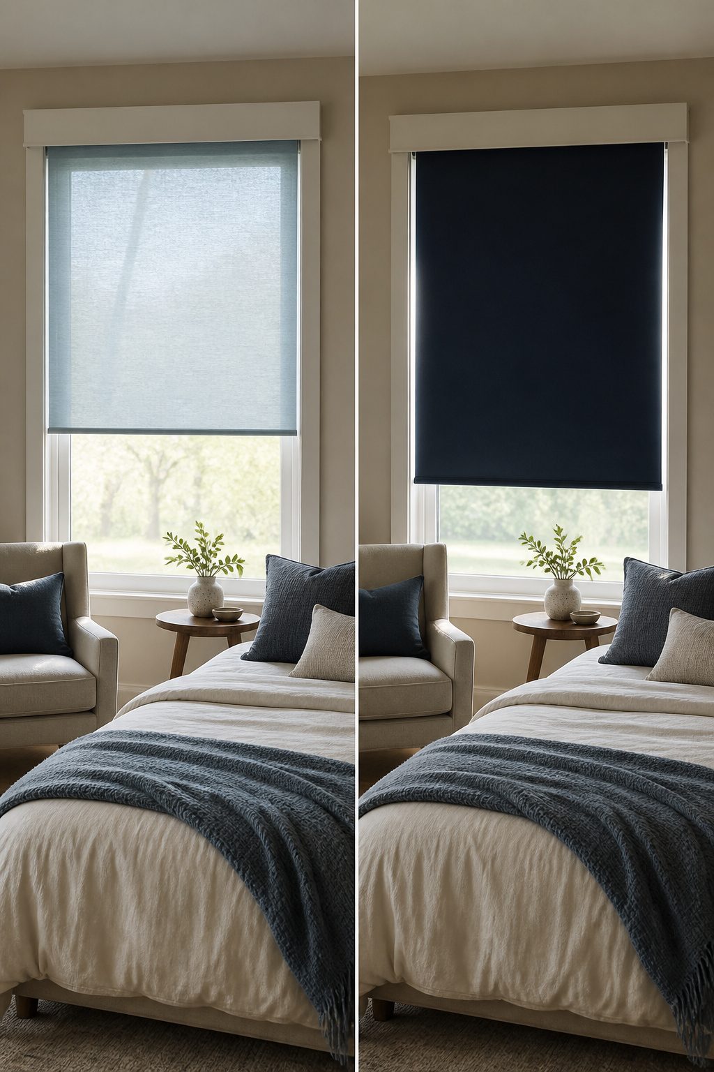 Dual shades in a bedroom with sheer and blackout layers.