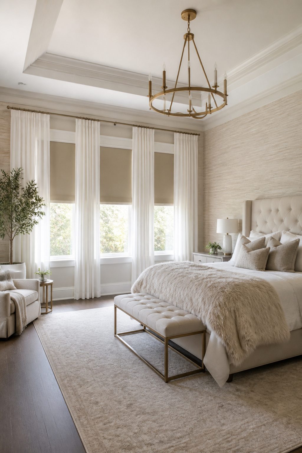Layered drapery and shades in a stylish bedroom.