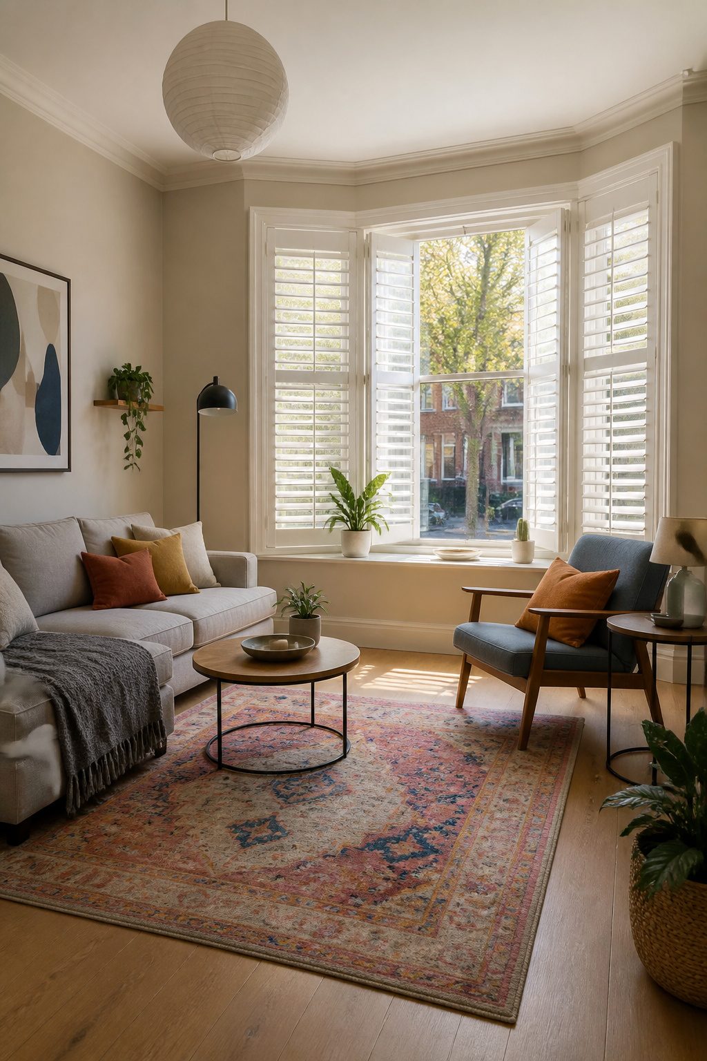 Faux-wood composite shutters installed in a bay window.