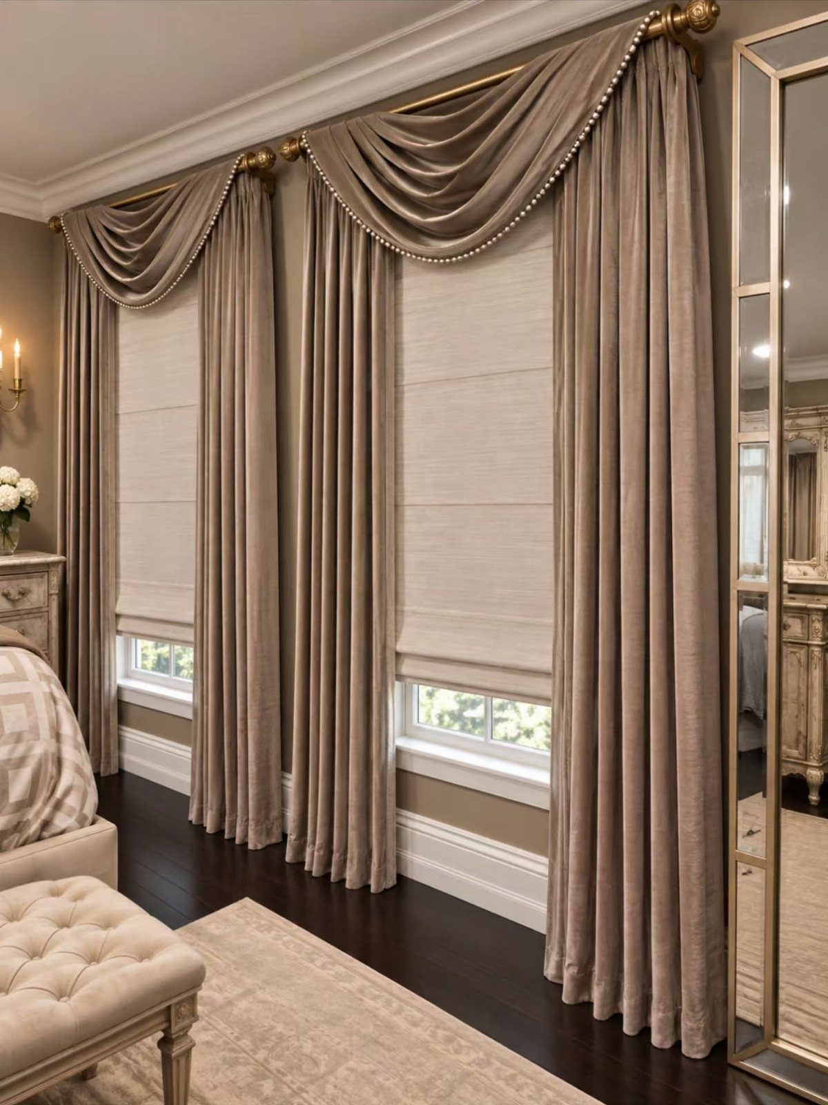 10 Window Dressing Ideas for Shutters, Shades and Blinds 3 Beige velvet drapery side panels hanging beside light Roman shades on a large window.