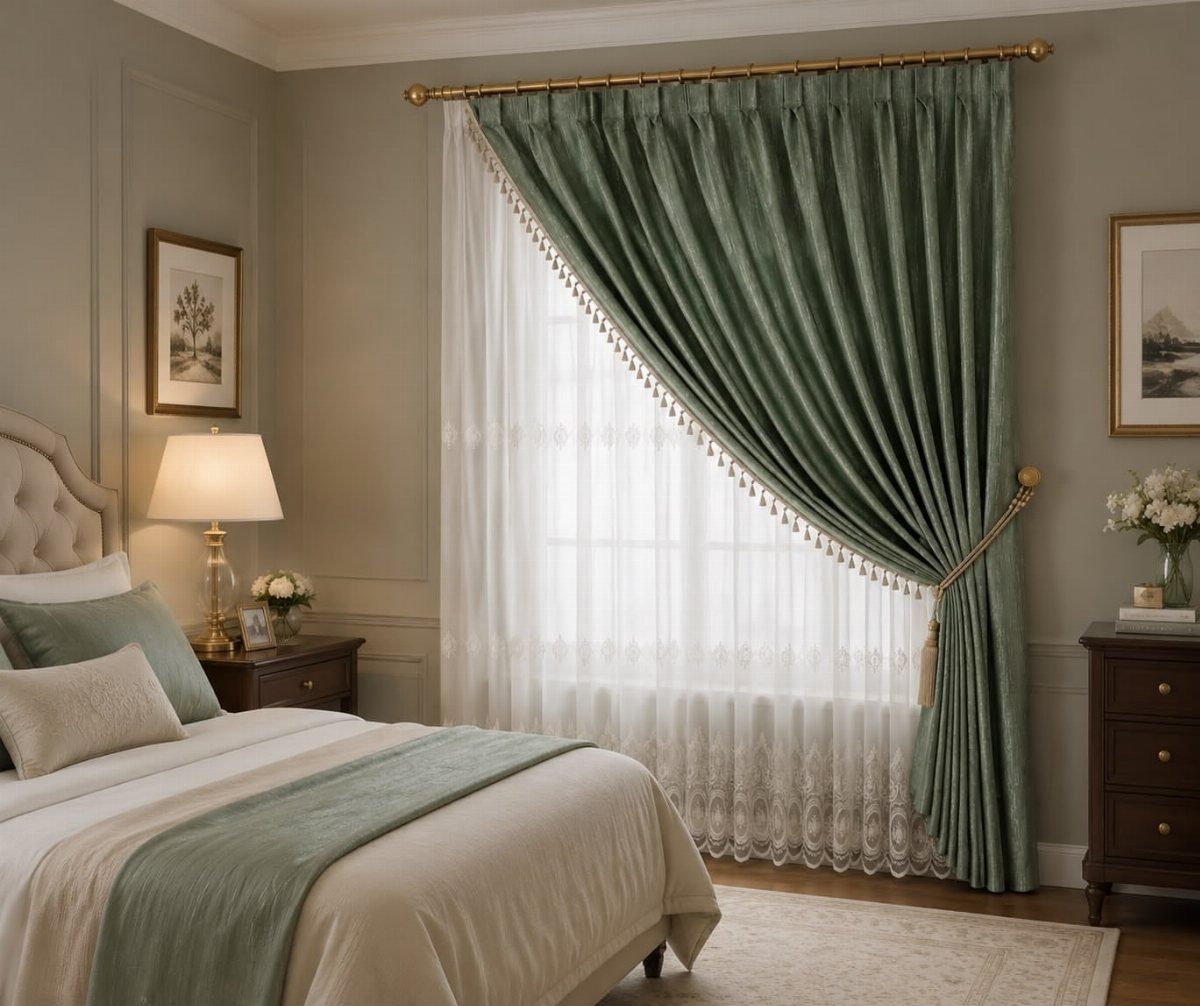 10 Window Dressing Ideas for Shutters, Shades and Blinds 5 Sage green drapery and white sheer lace curtains layered over a bedroom window.