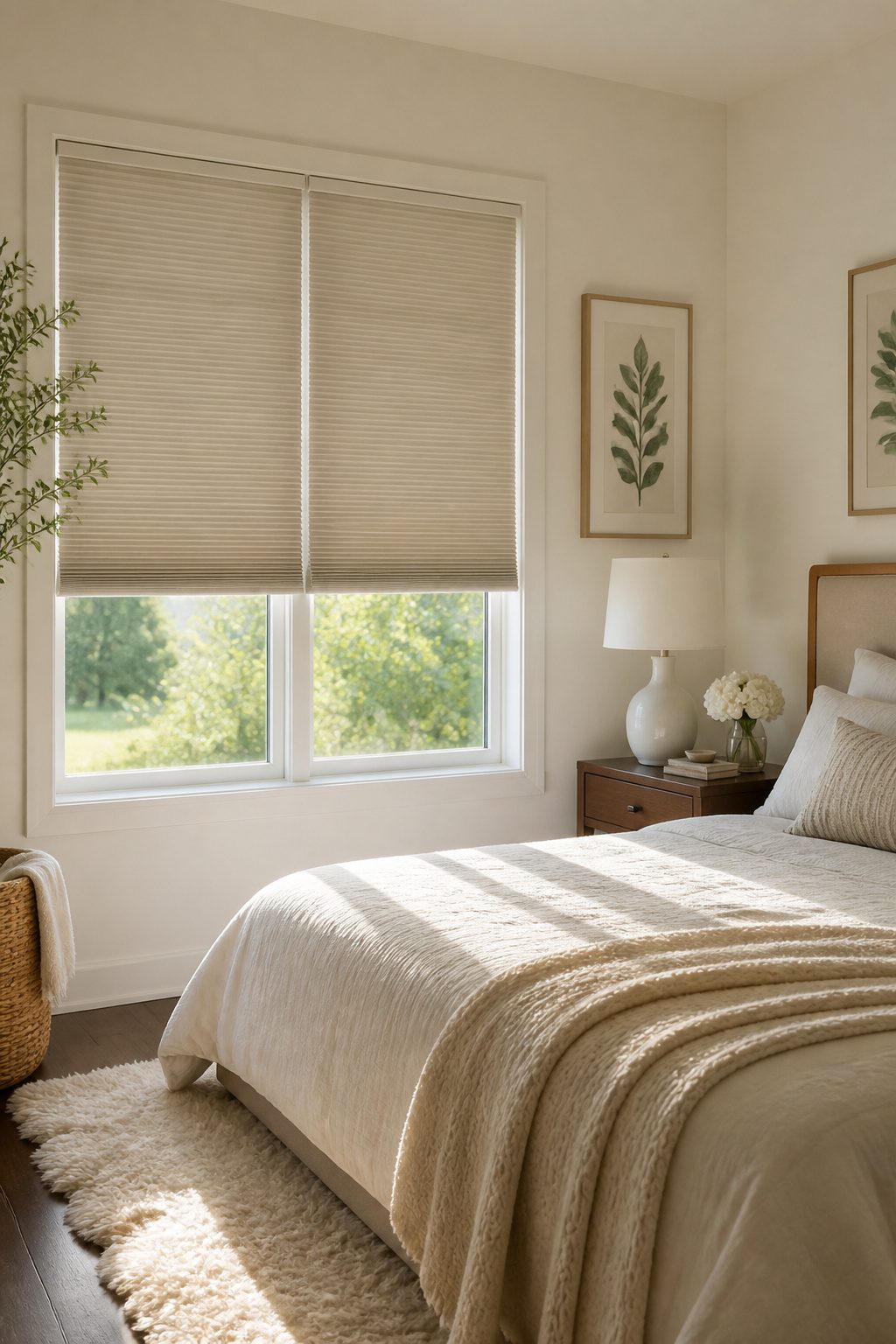 10 Window Shade Ideas for Every Room in 2026 4 Cellular shades partially raised in a softly decorated bedroom.