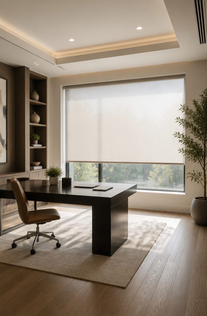10 Window Shade Ideas for Every Room in 2026 9 Motorized shades installed in a high window for easy control.