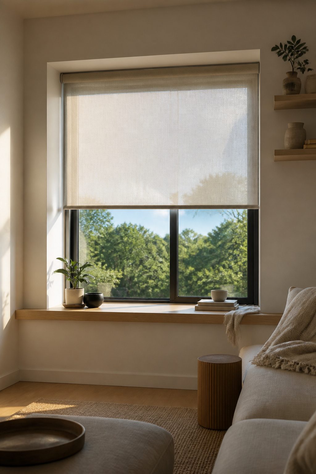 10 Window Shade Ideas for Every Room in 2026 1 A roller shade covering a large window with trees and sky visible.