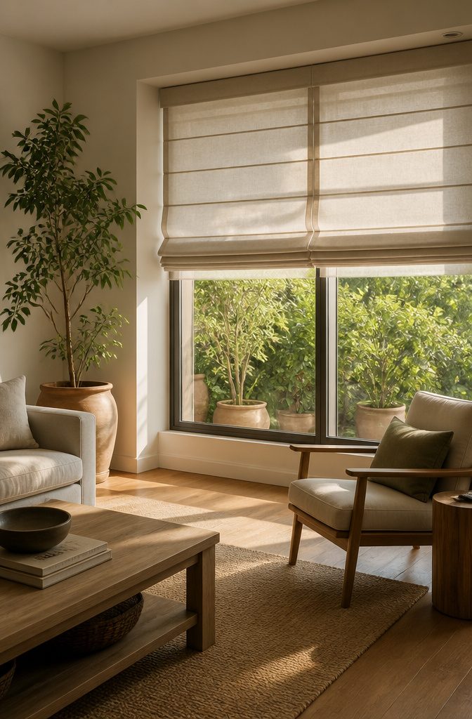 10 Window Shade Ideas for Every Room in 2026 2 Roman shades in soft pleats hanging over a large window.