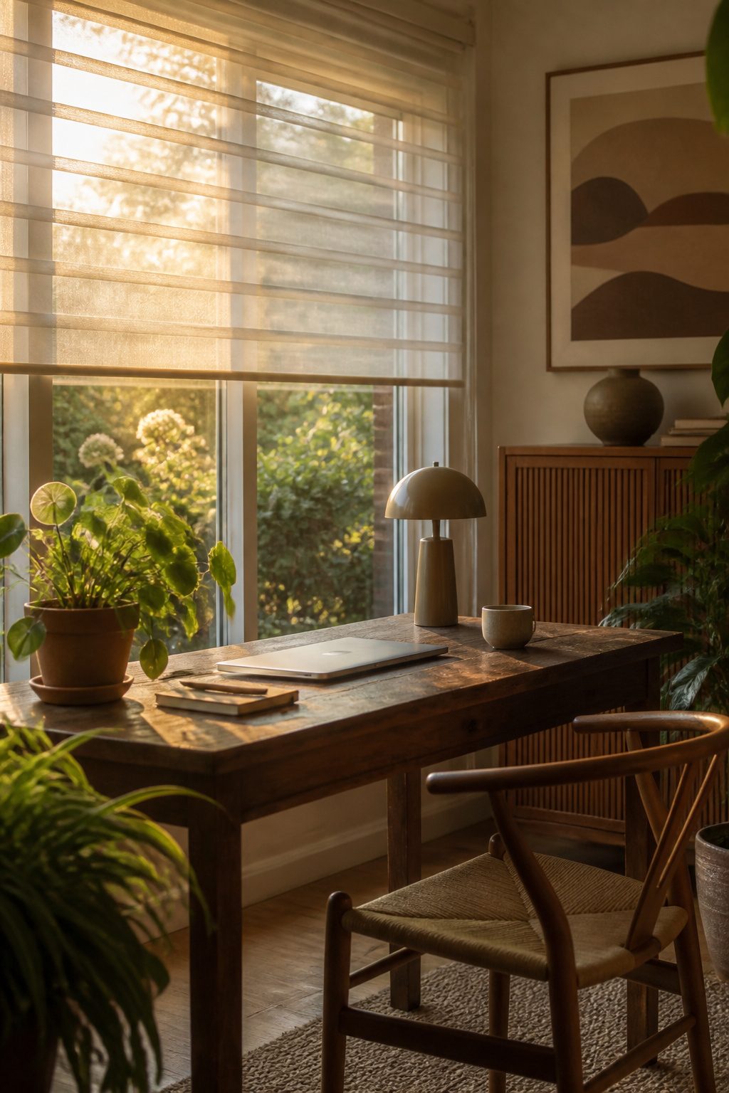 10 Window Shade Ideas for Every Room in 2026 6 Sheer shades in a home office overlooking a garden.