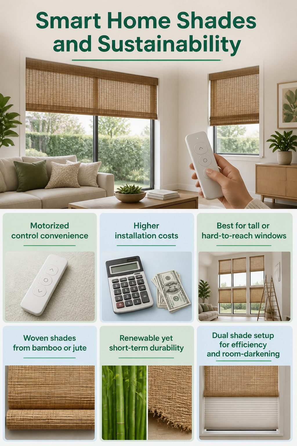 10 Window Shade Ideas for Every Room in 2026 14 Smart home shades made from sustainable materials in a living space.