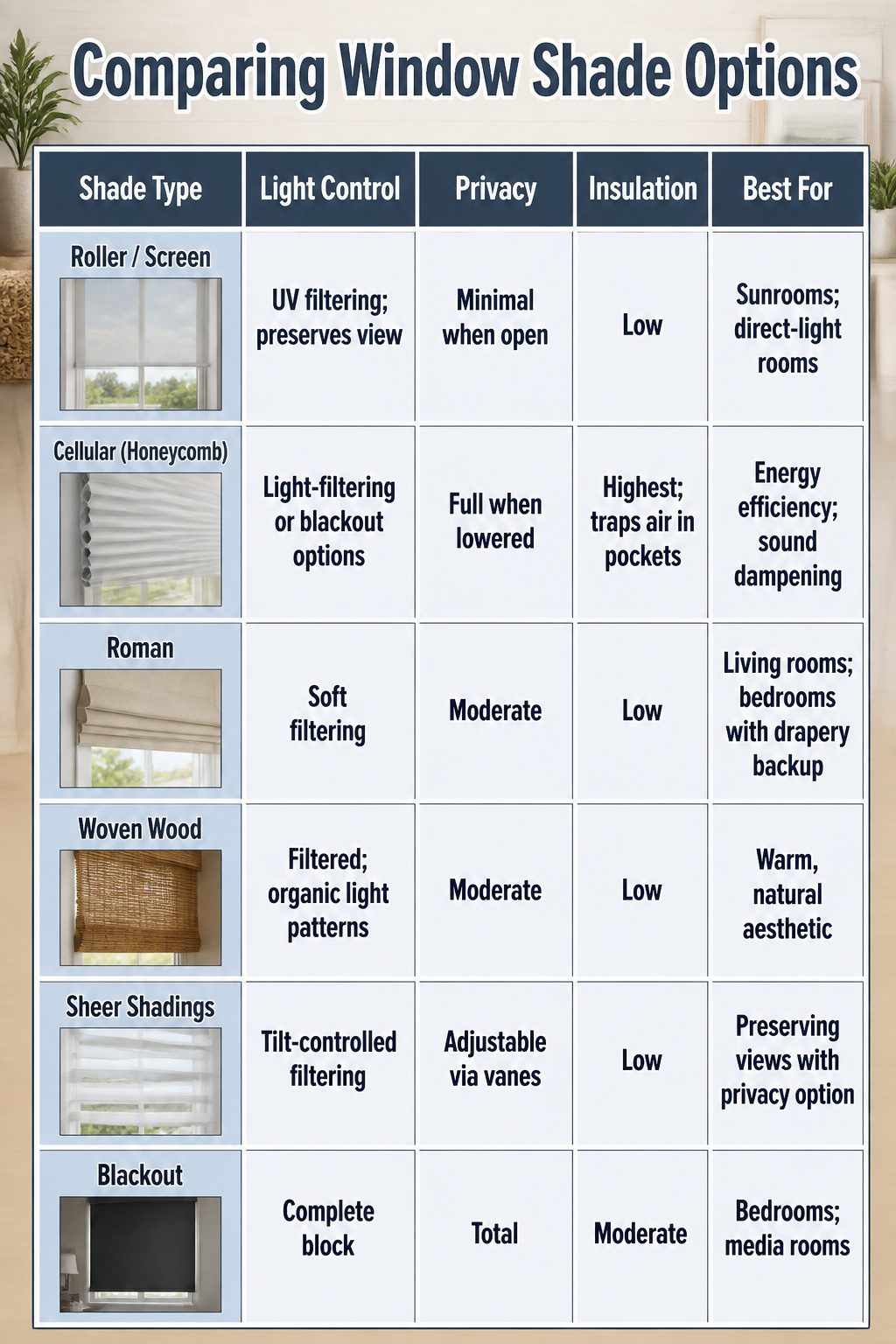 10 Window Shade Ideas for Every Room in 2026 11 An infographic comparing various window shade types.