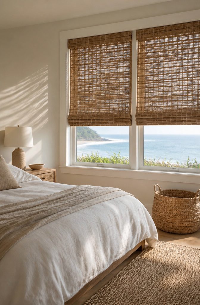 10 Window Shade Ideas for Every Room in 2026 3 Woven wood shades filtering light in a coastal-inspired bedroom.