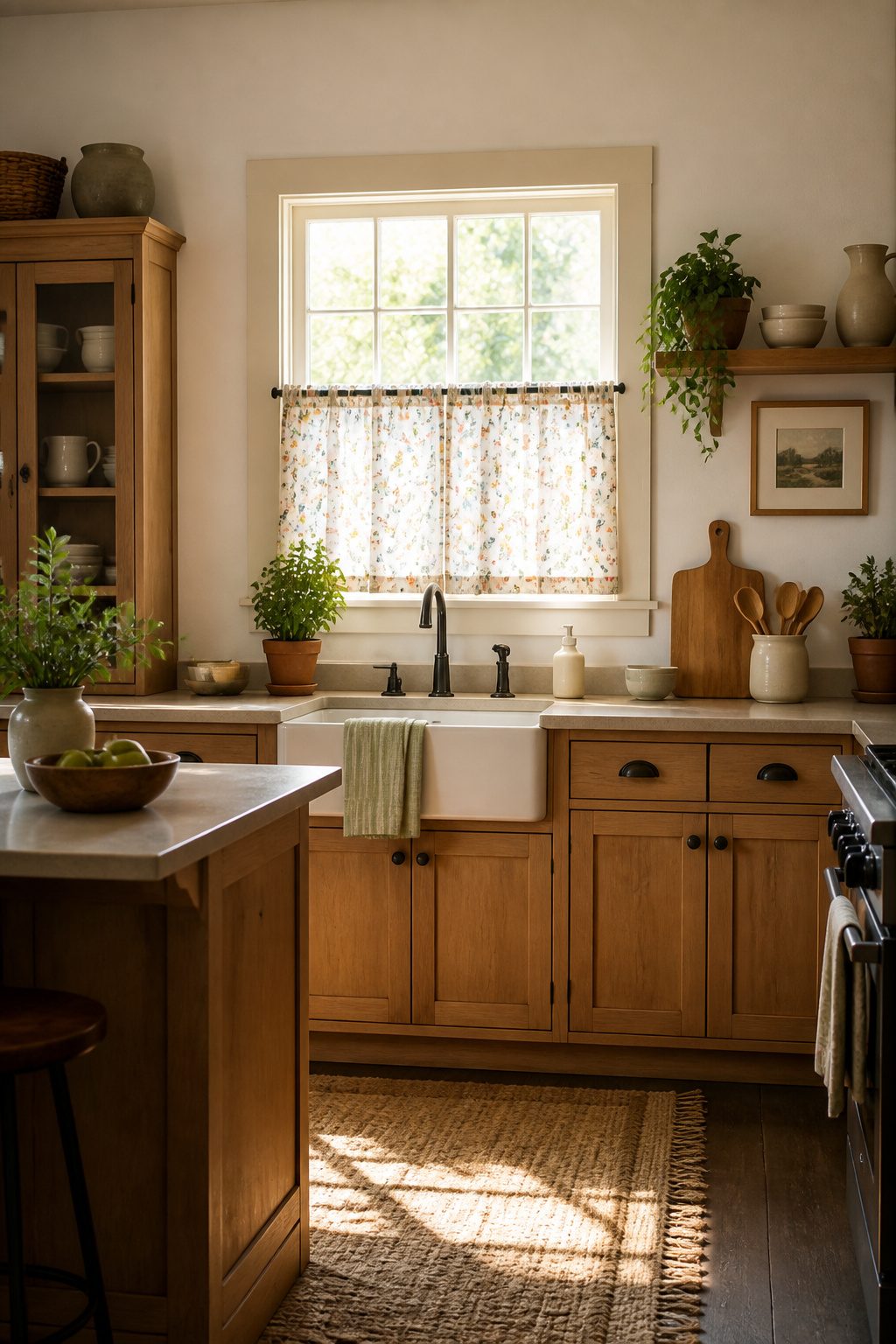 Café curtains cover the lower half of a short window in a bright space.