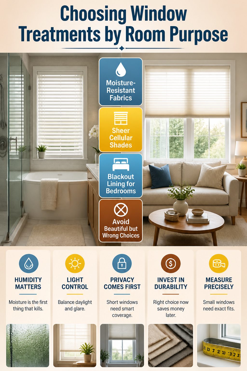 An informative image about selecting window treatments based on room use.