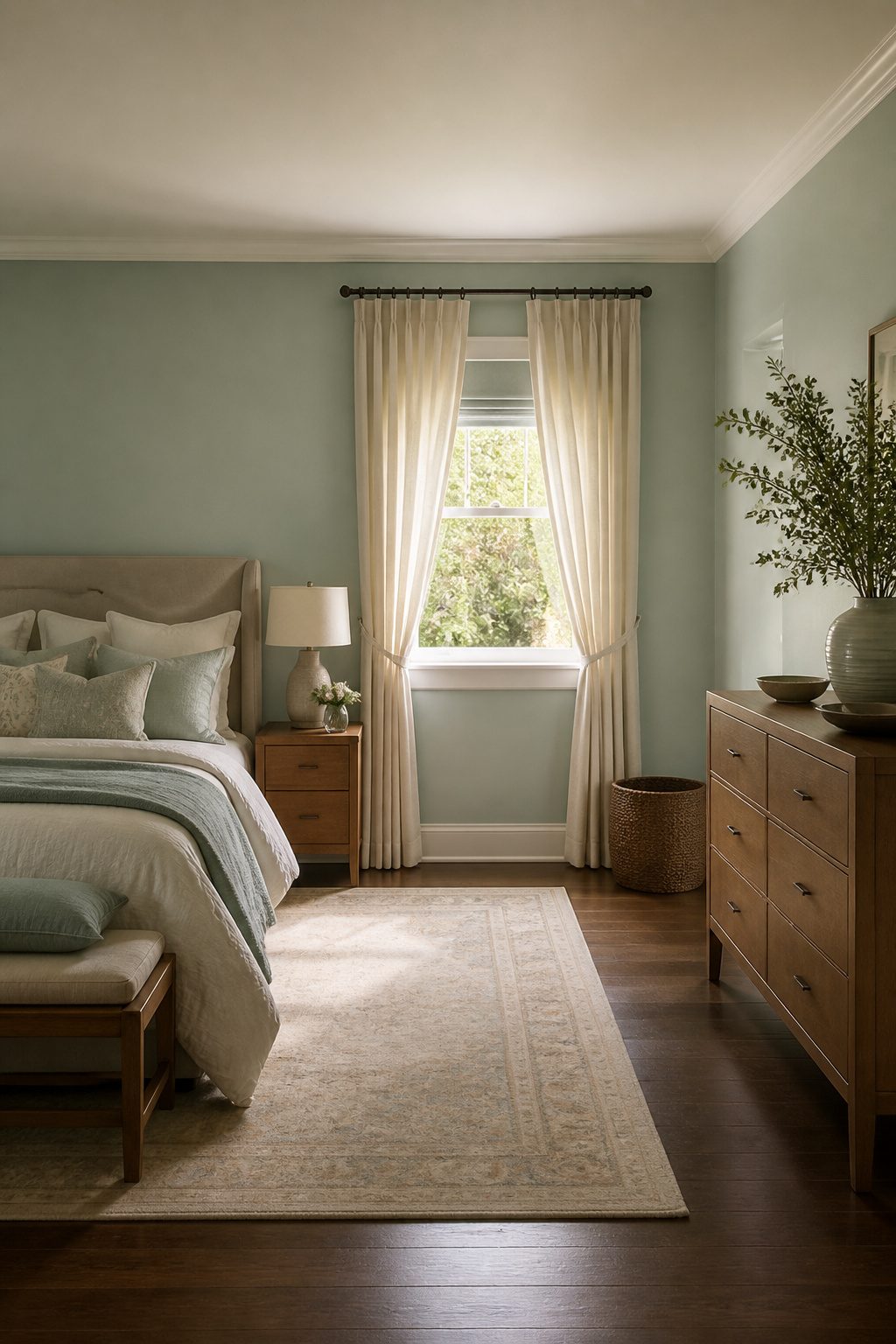 Full drapes mounted high above a short window in a cozy room.